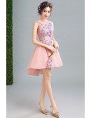 Hi Lo Cute Pink Short Prom Party Dress With Embroidery Flowers