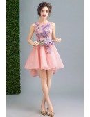 Hi Lo Cute Pink Short Prom Party Dress With Embroidery Flowers
