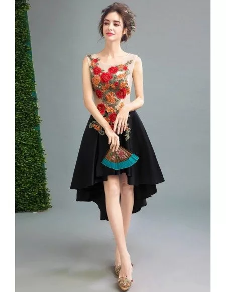 Unique High Low Black Prom Dress With Colored Applique Florals