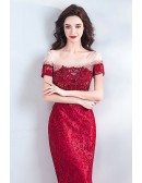 Classy Long Lace Burgundy Formal Prom Dress With Short Sleeves