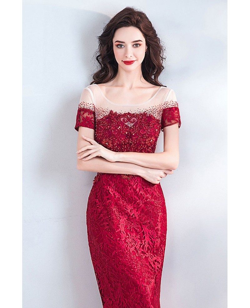 Classy Long Lace Burgundy Formal Prom Dress With Short Sleeves ...
