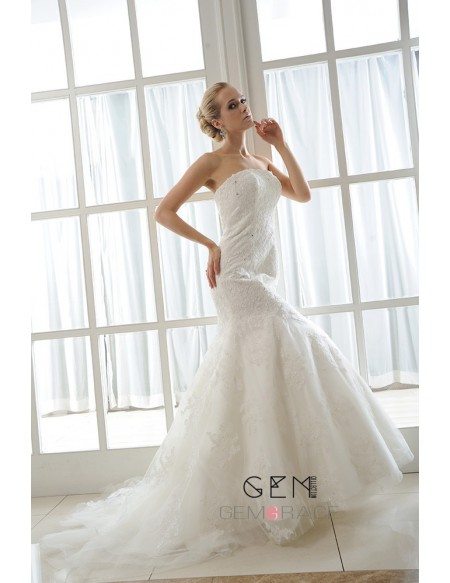 Mermaid Strapless Chapel Train Tulle Wedding Dress With Beading Appliques Lace