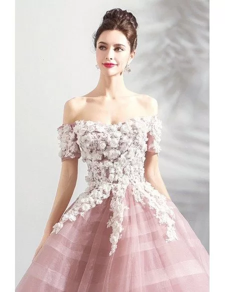Fairy Pink Floral Ball Gown Formal Prom Dress Off Shoulder