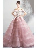 Fairy Pink Floral Ball Gown Formal Prom Dress Off Shoulder