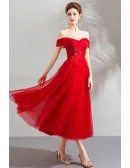 Gorgeous Red Off Shoulder Tulle Tea Length Party Dress Formal