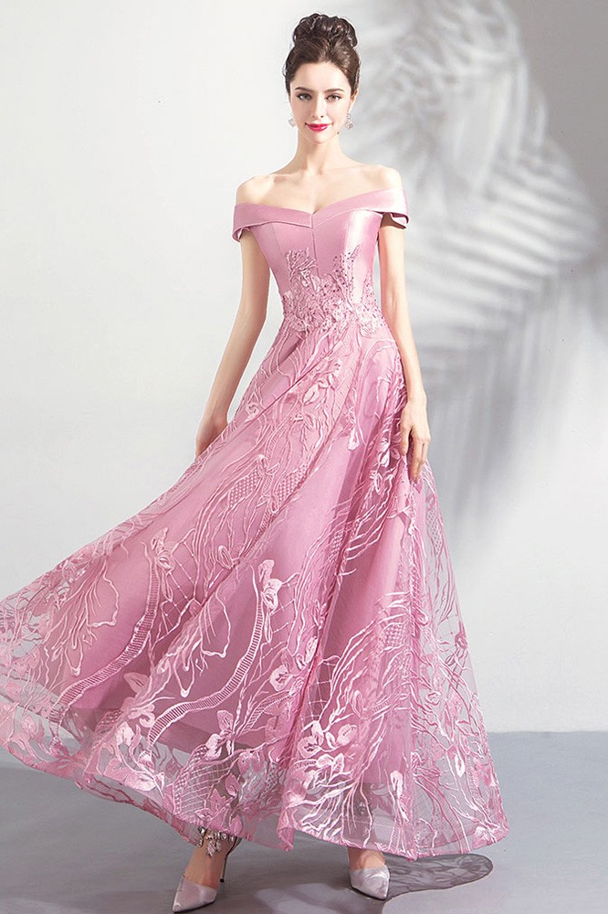 wedding dresses fitted Pink Floral Embroidered Tulle Prom Dress with Corset Back main image 0