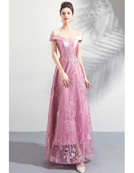 Unique Pink Lace Off Shoulder Maxi Prom Party Dress A Line