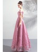 Unique Pink Lace Off Shoulder Maxi Prom Party Dress A Line