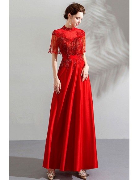 Elegant Long Red A Line Formal Dress With Tassel Sleeves
