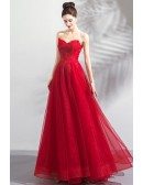 Classy Formal Long Red Strapless Tulle Affordable Prom Dress