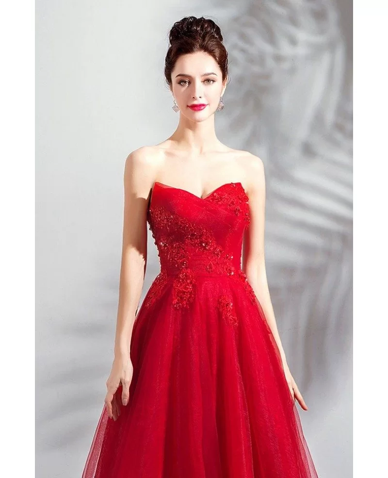 Classy Formal Long Red Strapless Tulle Affordable Prom Dress Wholesale ...