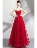 Classy Formal Long Red Strapless Tulle Affordable Prom Dress