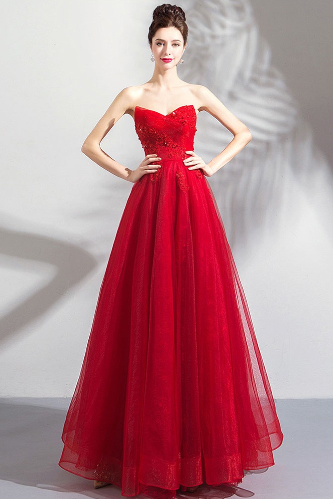 Classy Formal Long Red Strapless Tulle Affordable Prom Dress Wholesale  #T69006 - GemGrace.com