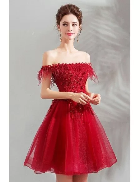 Pretty Red Beaded Off Shoulder Short Poofy Prom Dress Lace Up Wholesale ...