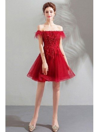 Pretty Red Beaded Off Shoulder Short Poofy Prom Dress Lace Up