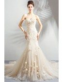 Unique Fairy Light Champagne Mermaid Wedding Dress Strapless With Train