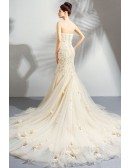 Unique Fairy Light Champagne Mermaid Wedding Dress Strapless With Train