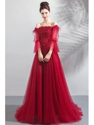 Flowy Burgundy Red Long Tulle Prom Dress With Off Shoulder Sleeves