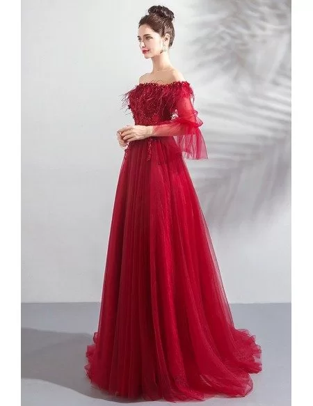 Flowy Burgundy Red Long Tulle Prom Dress With Off Shoulder Sleeves