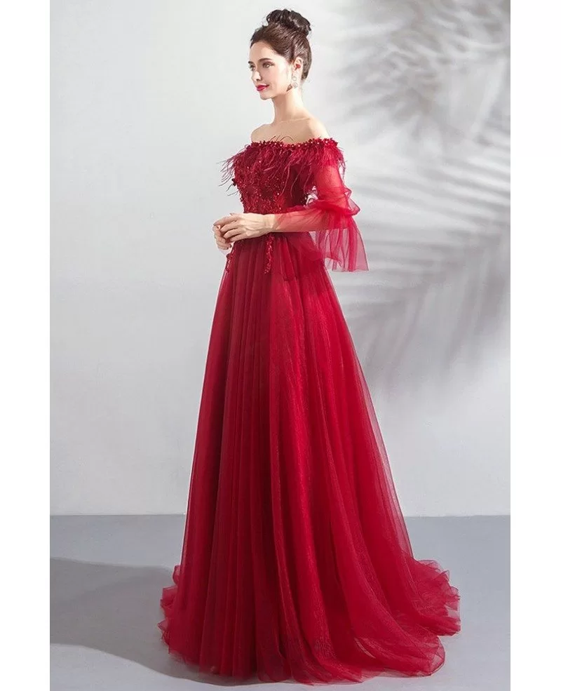 Flowy Burgundy Red Long Tulle Prom Dress With Off Shoulder Sleeves ...