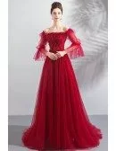 Flowy Burgundy Red Long Tulle Prom Dress With Off Shoulder Sleeves