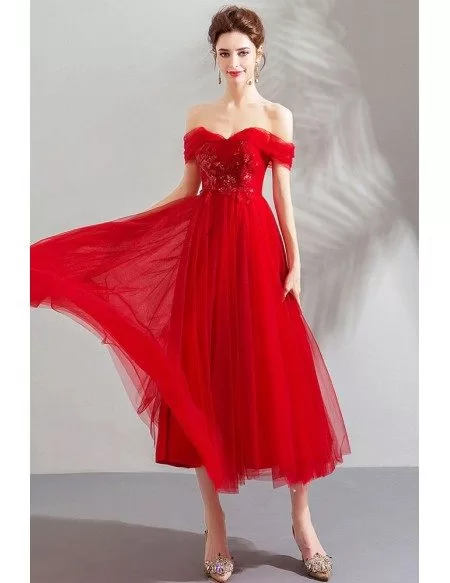 Gorgeous Red Off Shoulder Flowy Tulle Prom Dress For Party
