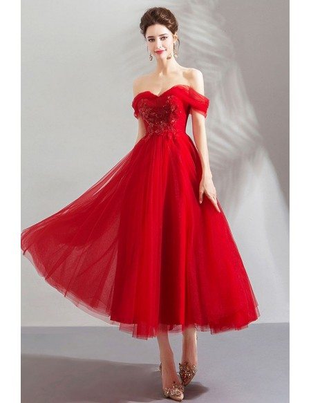 Gorgeous Red Off Shoulder Flowy Tulle Prom Dress For Party