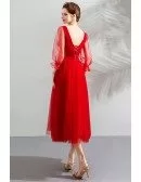 Elegant Tea Length Tulle Wedding Party Dress With Sheer Sleeves