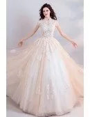 Unique Collar Lace Champagne Ball Gown Wedding Dress Princess