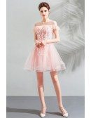 Off Shoulder Poofy Short Pink Tulle Prom Dress With Tassel