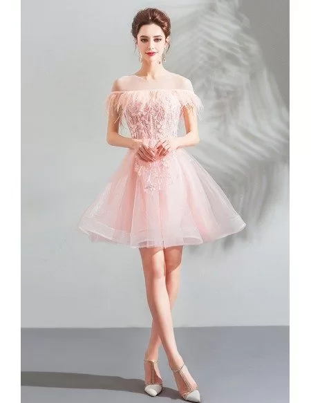 Off Shoulder Poofy Short Pink Tulle Prom Dress With Tassel