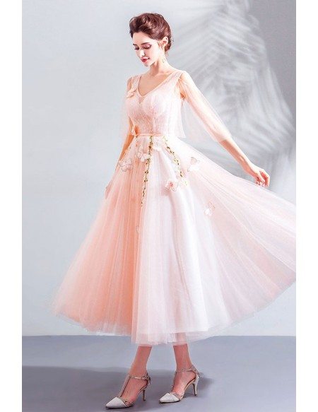 Beautiful Fairy Pink Tulle Tea Length Party Dress V-neck