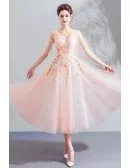 Beautiful Fairy Pink Tulle Tea Length Party Dress V-neck