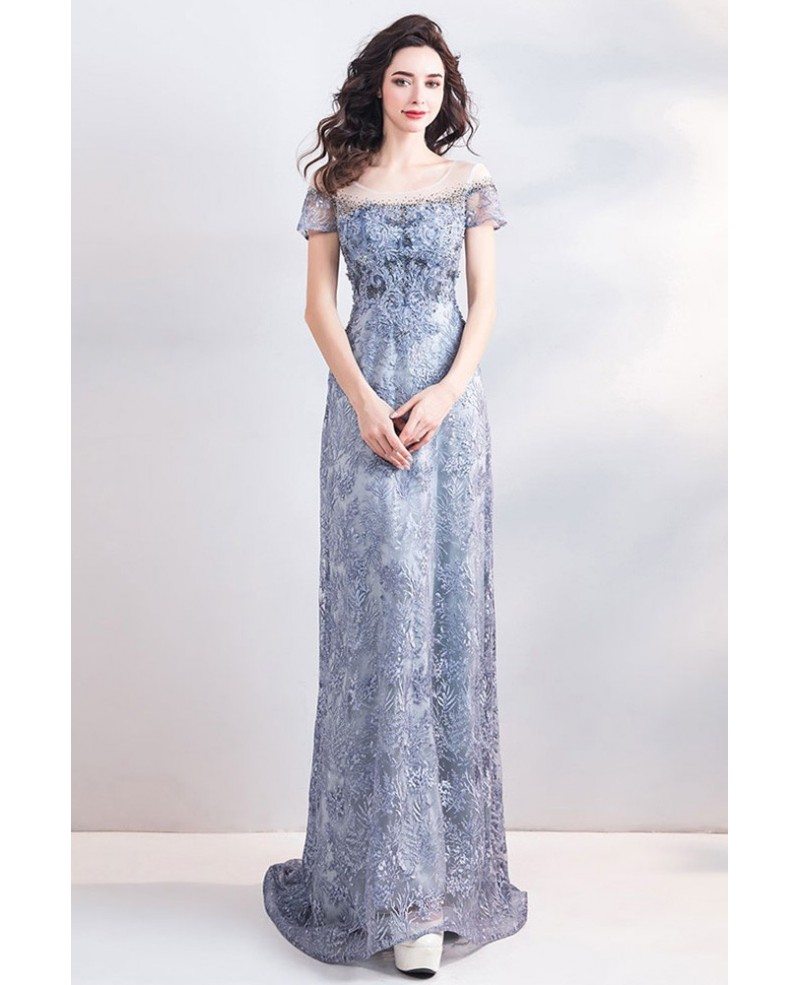 Classy Blue Long Lace Empire Formal Dress With Sleeves Wholesale #T69018 -  GemGrace.com