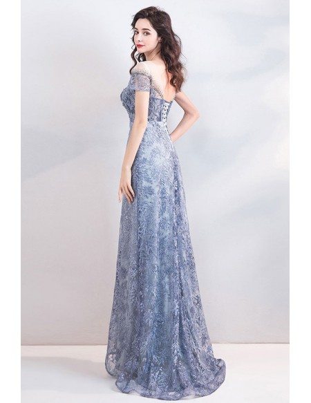 Classy Blue Long Lace Empire Formal Dress With Sleeves