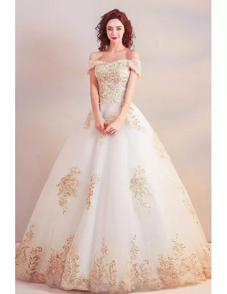 Luxury Gold Embroidery Ball Gown Wedding Dress Off Shoulder