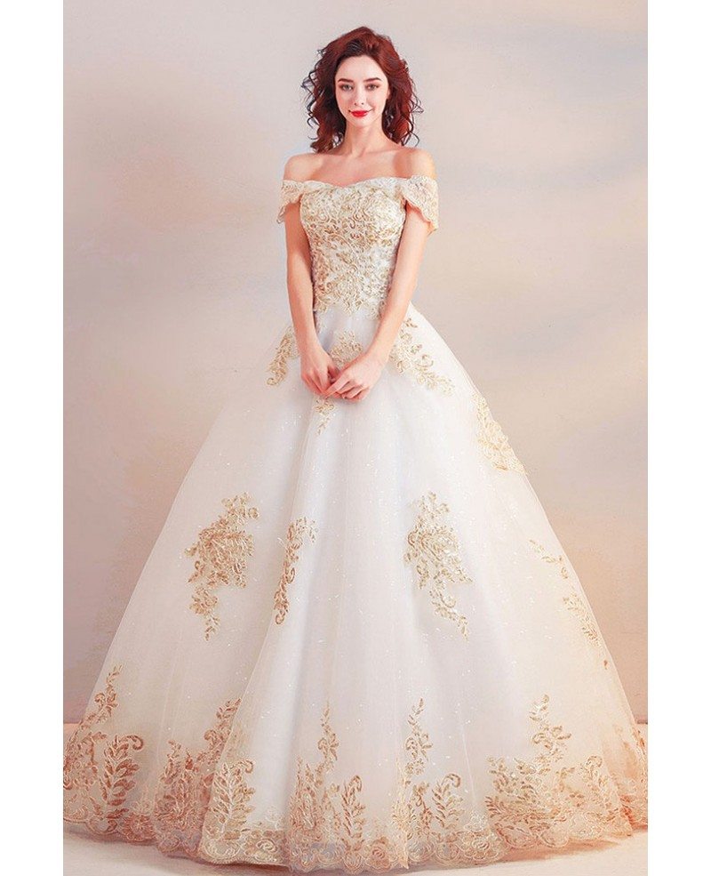 Luxury gold tcnuh ball gown wedding dress off shoulder wholesale 