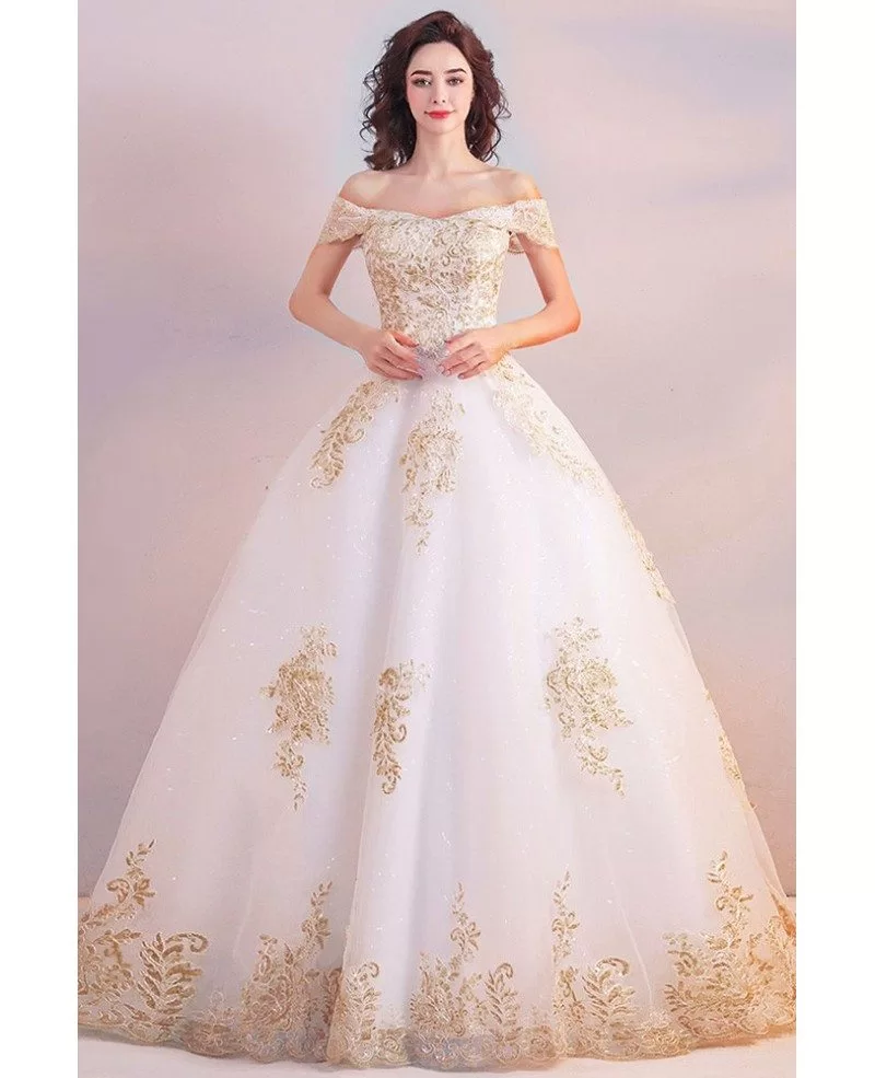 Luxury Gold Embroidery Ball Gown Wedding Dress Off