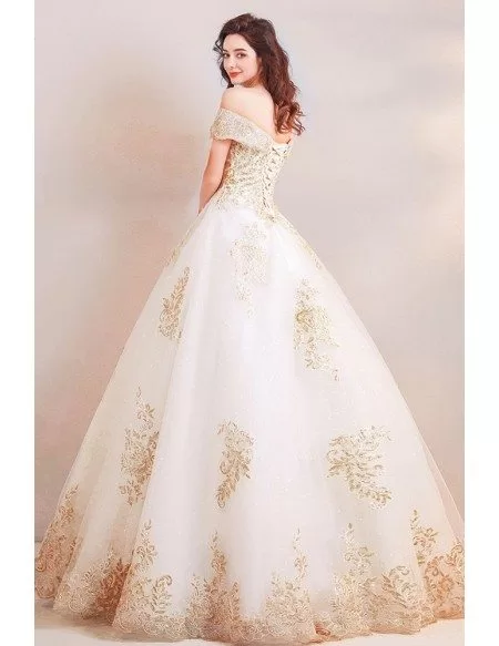 Luxury Gold Embroidery Ball Gown Wedding Dress Off Shoulder