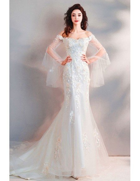 Fairy Mermaid Long White Tulle Wedding Dress With Appliques Sleeves