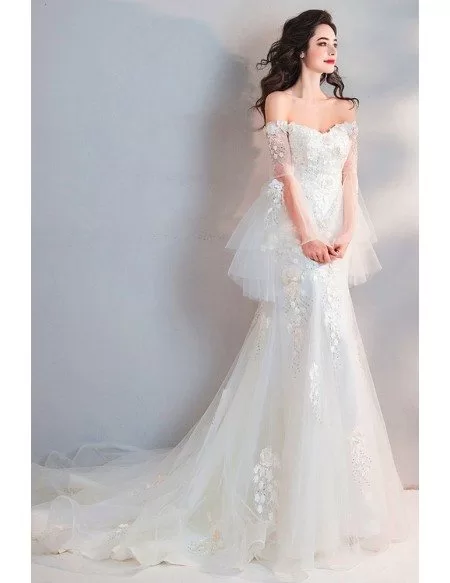 Fairy Mermaid Long White Tulle Wedding Dress With Appliques Sleeves