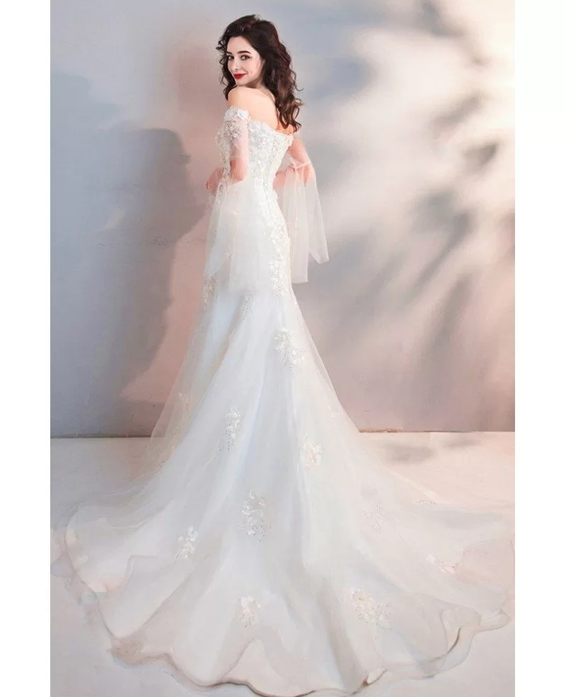Fairy Mermaid Long White Tulle Wedding Dress With Appliques Sleeves ...