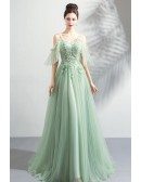 Flowy Green Long Tulle Formal Prom Dress Classy With Straps