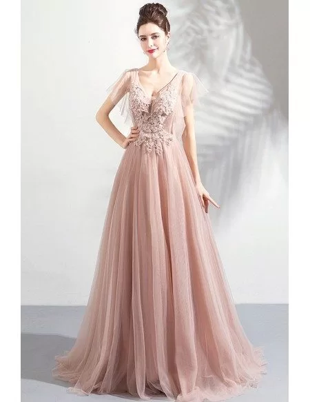 Beautiful Fairy Long Tulle V-neck Prom Dress With Open Back