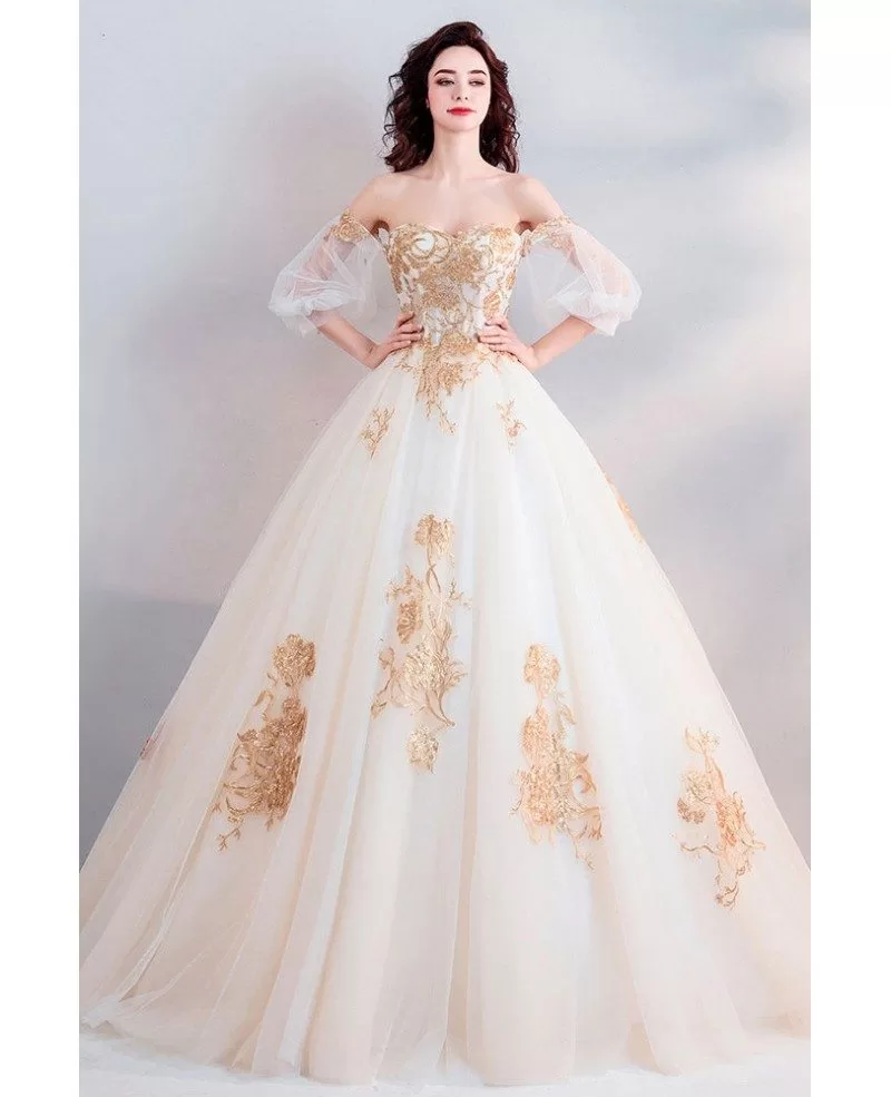 Classic Gold With White Ball Gown Princess Wedding Dress