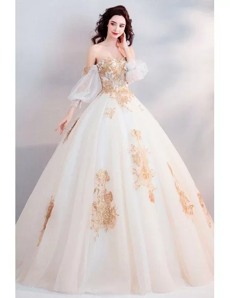 Classic Gold With White Ball Gown Princess Wedding Dress Off Shoulder ...