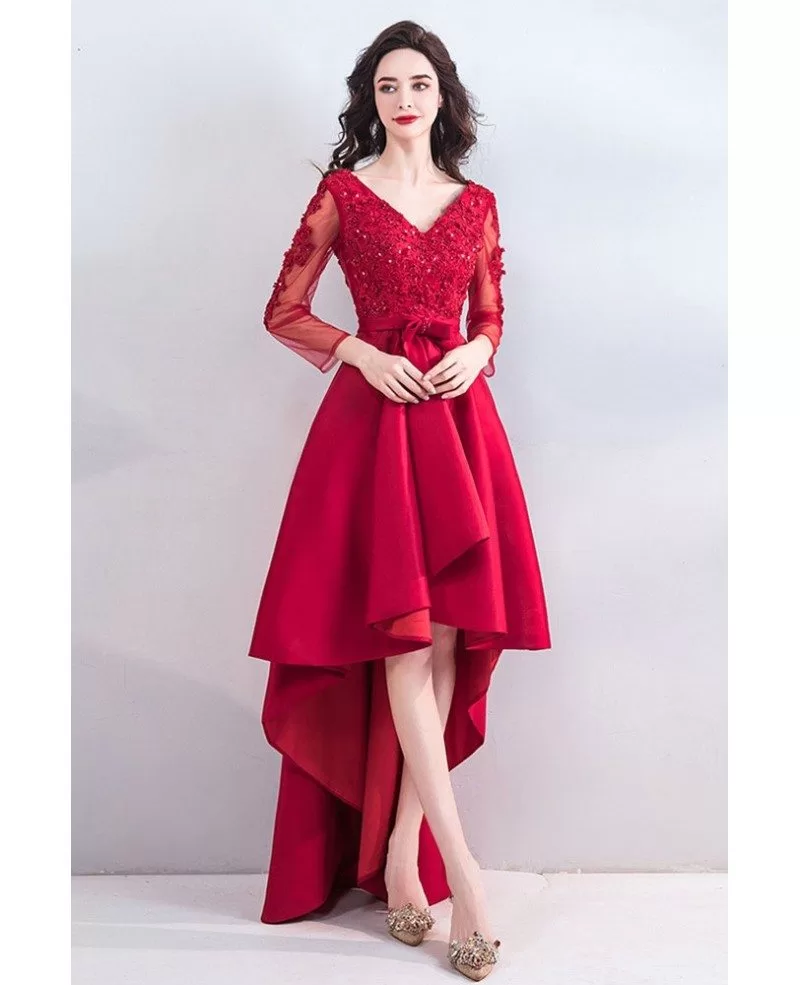 Pretty High Low Lace Satin Prom Dress With Long Sleeves Wholesale # ...