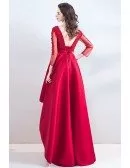Pretty High Low Lace Satin Prom Dress With Long Sleeves