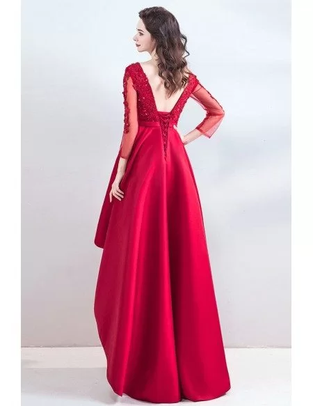 Pretty High Low Lace Satin Prom Dress With Long Sleeves