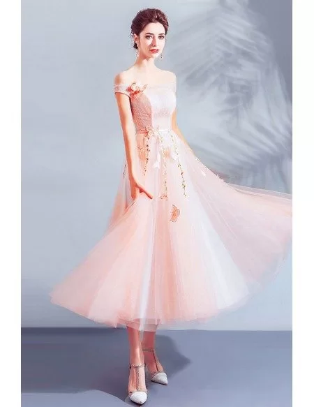 Gorgeous Pink Off Shoulder Tulle Tea Length Party Dress With Butterflies